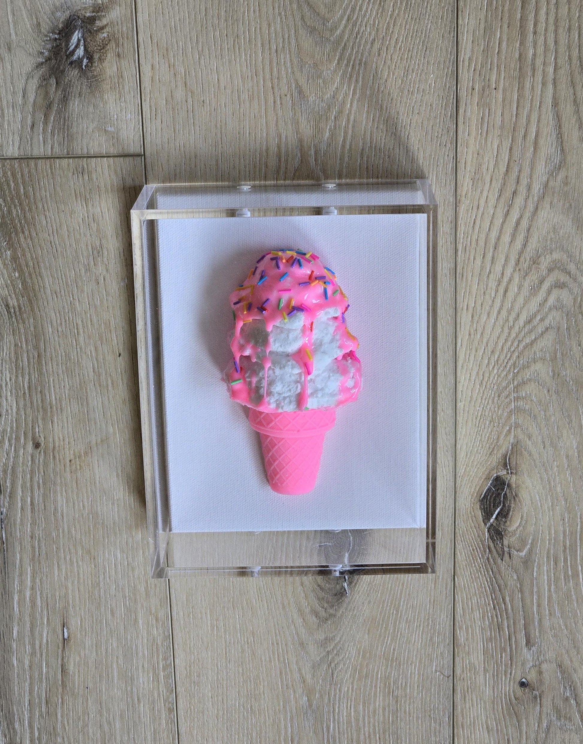 Ice Cream Cone Art | Vibrant Colors, Shadow Box Dessert Themed Handmade Custom Decor
