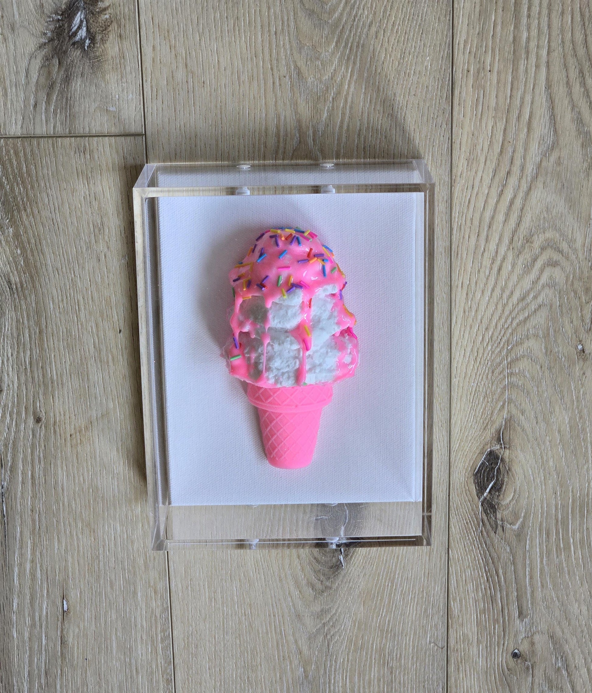 Ice Cream Cone Art | Vibrant Colors, Shadow Box Dessert Themed Handmade Custom Decor