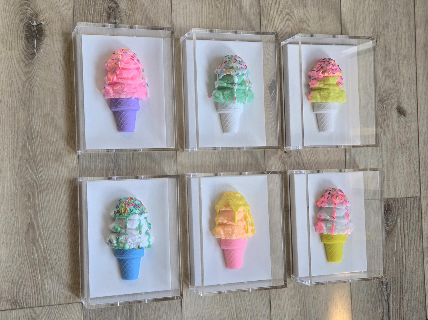 Ice Cream Cone Art | Vibrant Colors, Shadow Box Dessert Themed Handmade Custom Decor