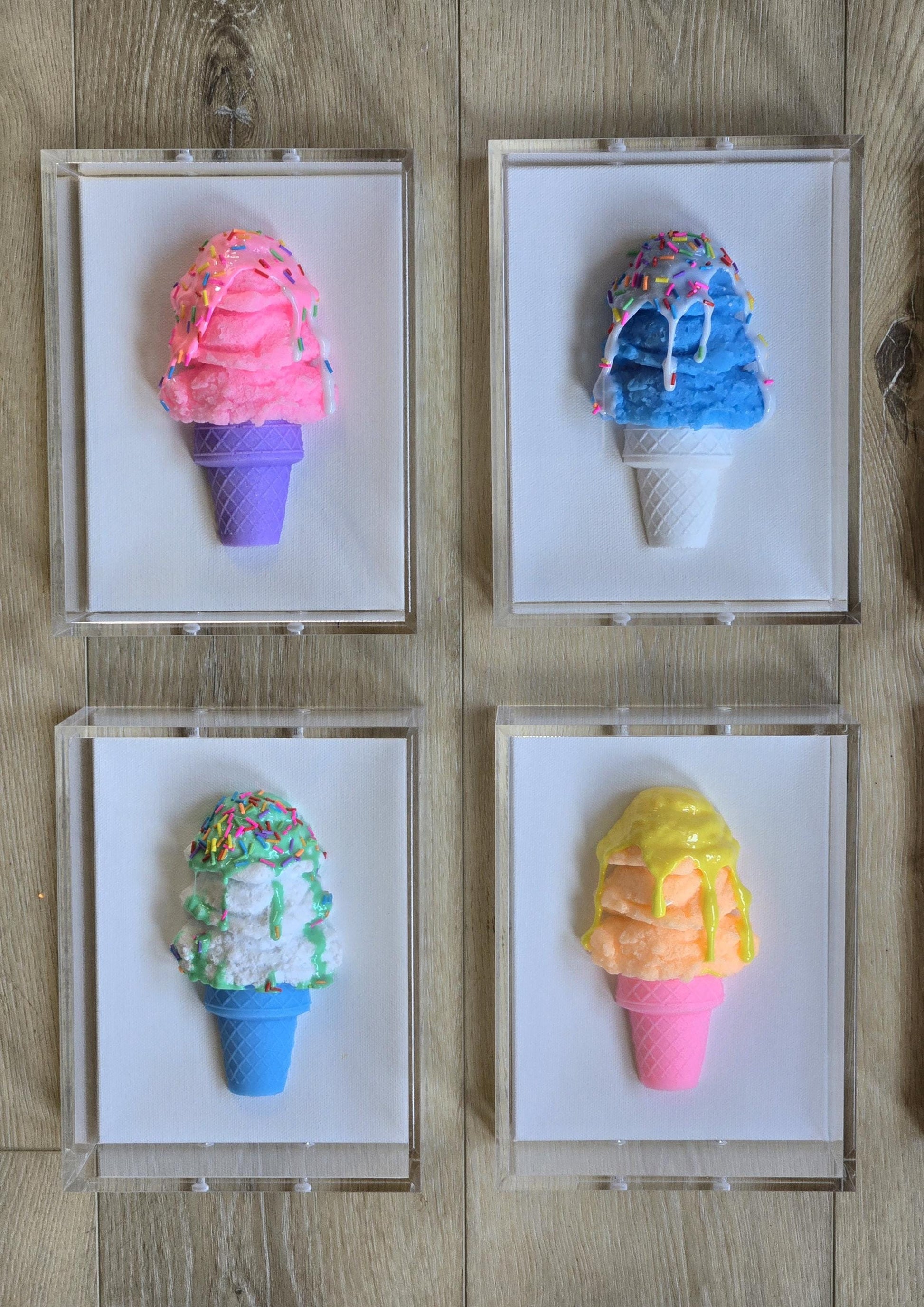Ice Cream Cone Art | Vibrant Colors, Shadow Box Dessert Themed Handmade Custom Decor