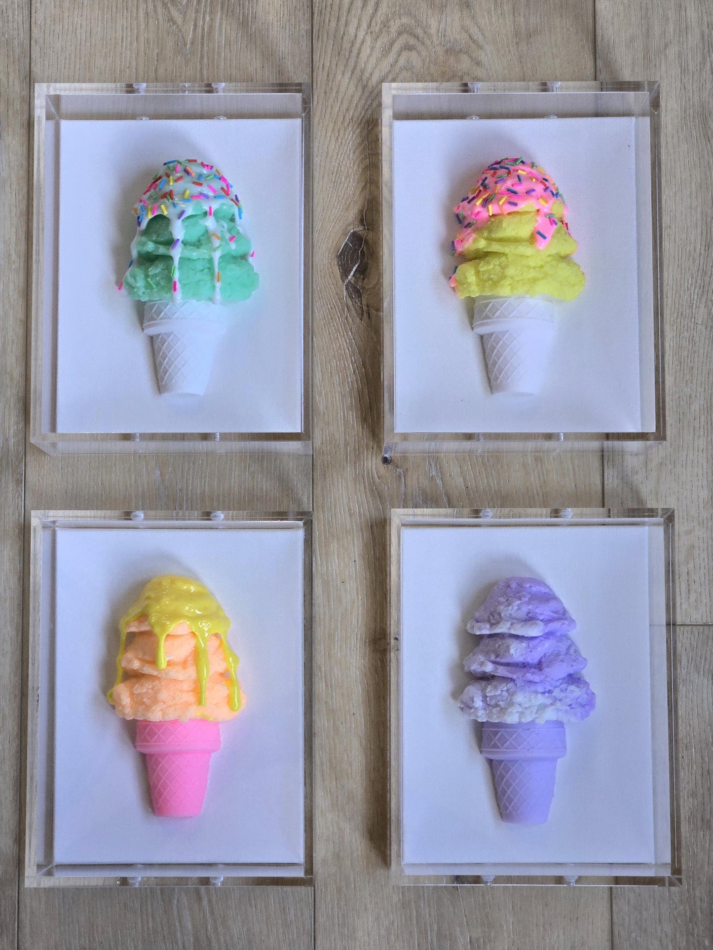 Ice Cream Cone Art | Vibrant Colors, Shadow Box Dessert Themed Handmade Custom Decor