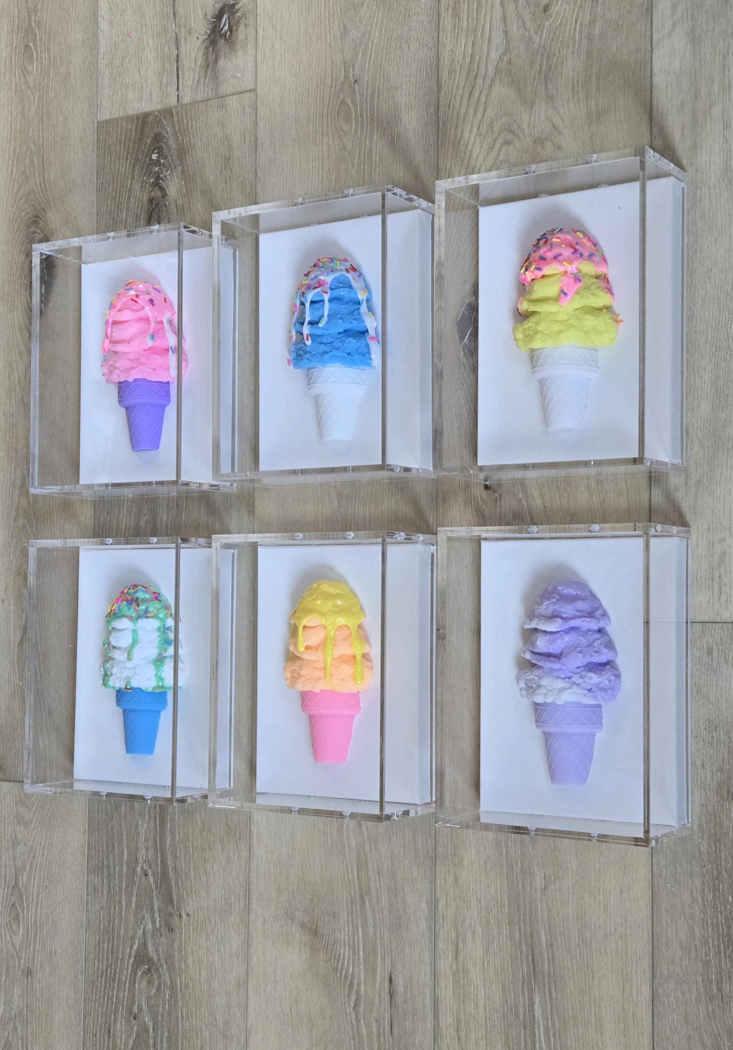 Ice Cream Cone Art | Vibrant Colors, Shadow Box Dessert Themed Handmade Custom Decor