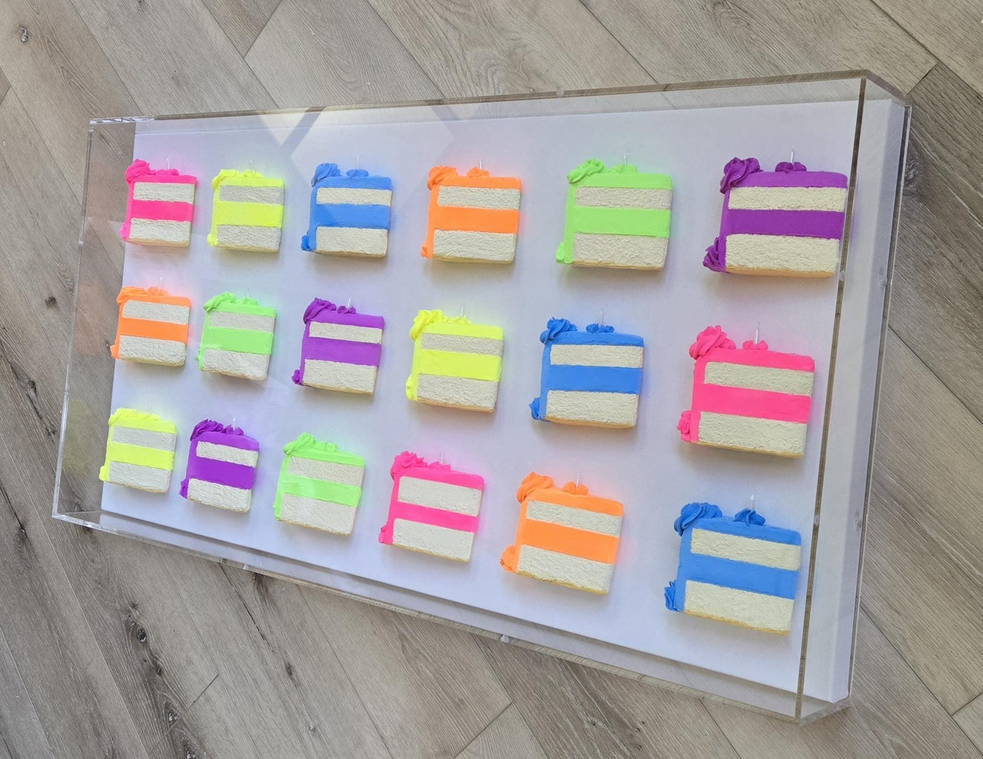 Cake Slice Wall Art: Handmade Vibrant Pop Art 3D theme for a Modern Aesthetic With High Contrast Colors.