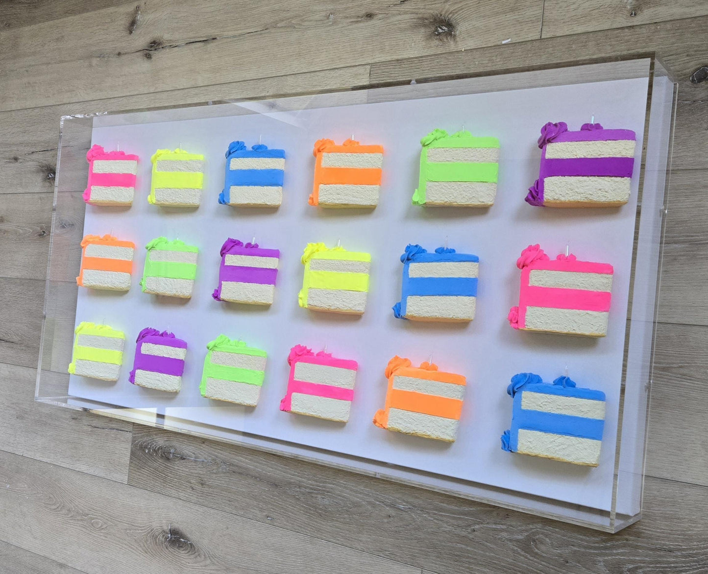 Cake Slice Wall Art: Handmade Vibrant Pop Art 3D theme for a Modern Aesthetic With High Contrast Colors.