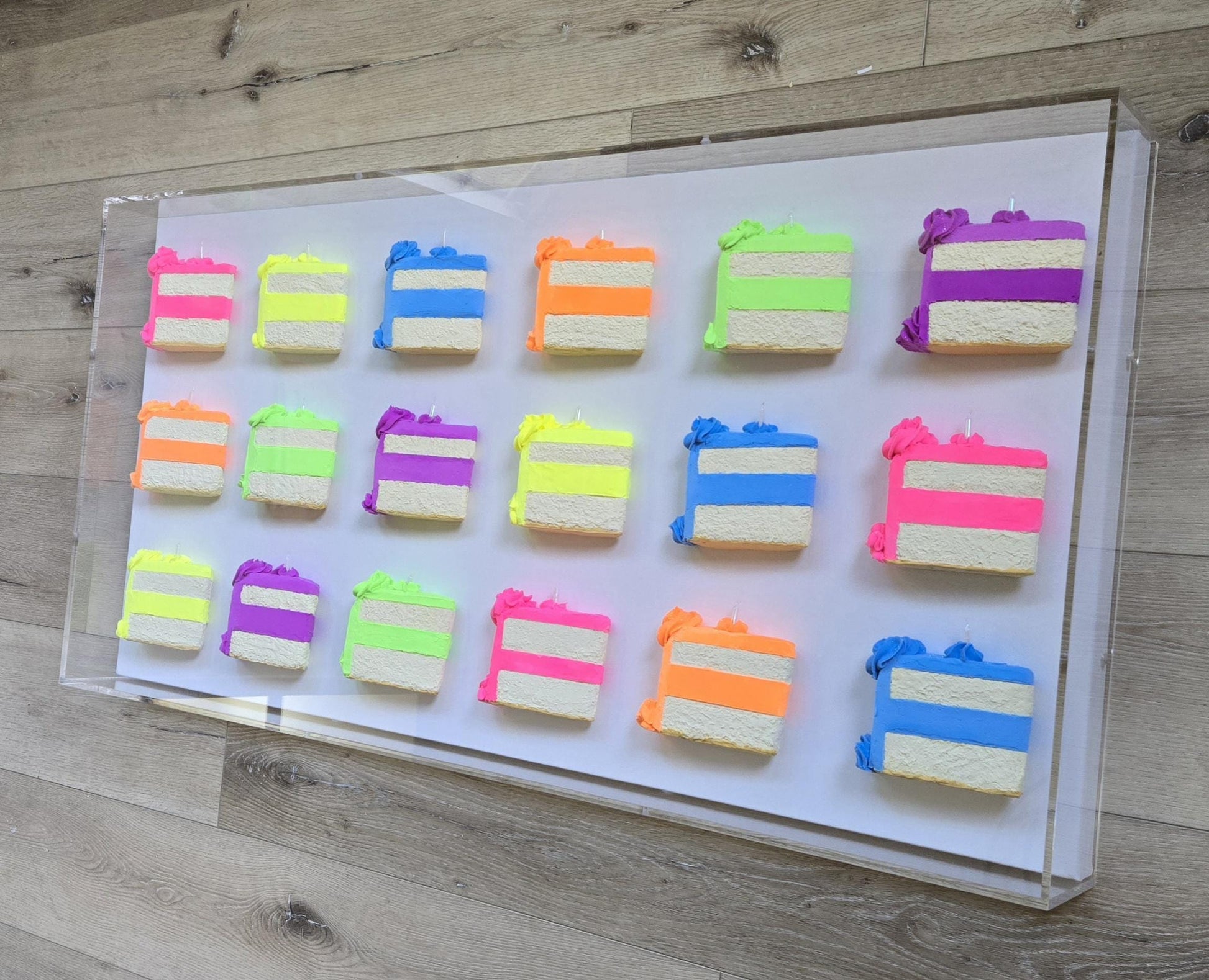 Cake Slice Wall Art: Handmade Vibrant Pop Art 3D theme for a Modern Aesthetic With High Contrast Colors.
