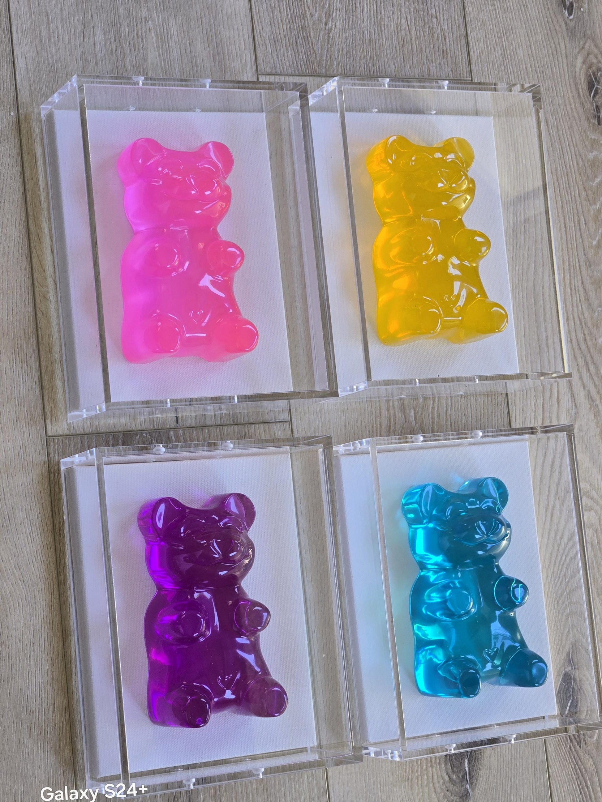 Gummy Bear Sculpture in Shadow Box | Transparent Jeweled Tone | Set Of Six-6 Inch Bear