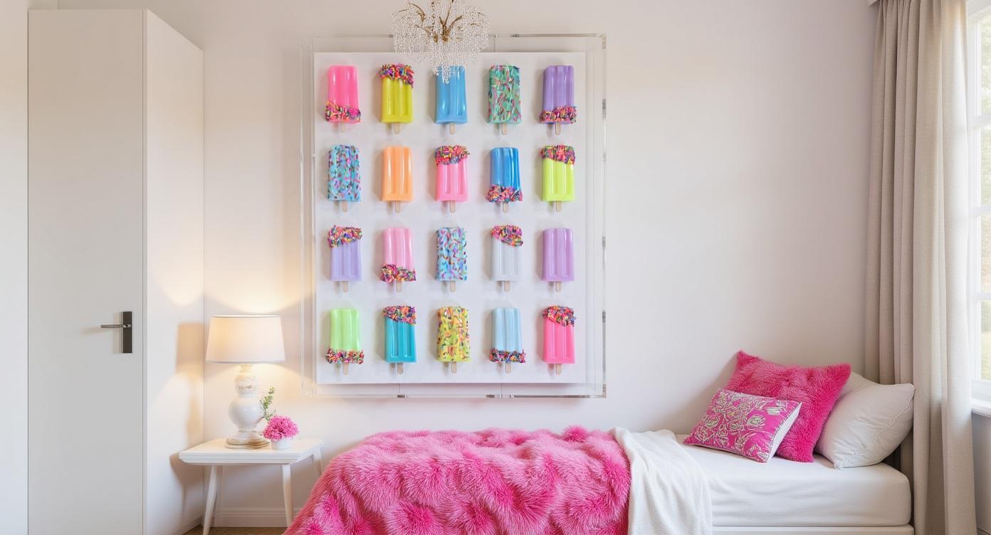 Bold, modern, and irresistibly playful — this 18×24×4 inch resin popsicle shadow box transforms a nostalgic treat into a striking piece of contemporary luxury art. Designed in the signature style of the original Etsy artist who pioneered this whimsical popsicle‑art aesthetic, this piece brings charm, color, and sophistication to any space.