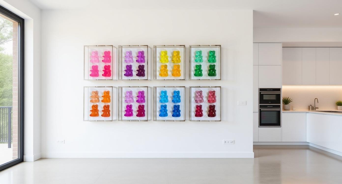 A radiant fusion of nostalgia and modern luxury, this jewel‑tone gummy bear sculpture is meticulously cast in premium resin and displayed within a museum‑grade, UV‑protected shadow box. Each bear glows with gemstone richness—deep sapphire, amethyst, ruby, citrine, or emerald tones—capturing light like a miniature piece of candy‑inspired fine art.