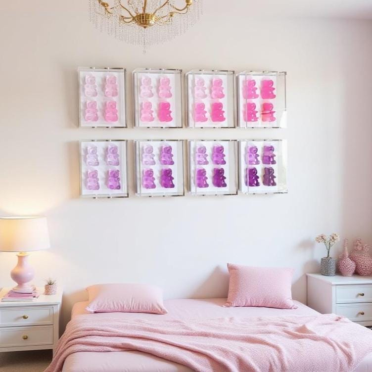 A radiant fusion of nostalgia and modern luxury, this jewel‑tone gummy bear sculpture is meticulously cast in premium resin and displayed within a museum‑grade, UV‑protected shadow box. Each bear glows with gemstone richness—deep sapphire, amethyst, ruby, citrine, or emerald tones—capturing light like a miniature piece of candy‑inspired fine art.