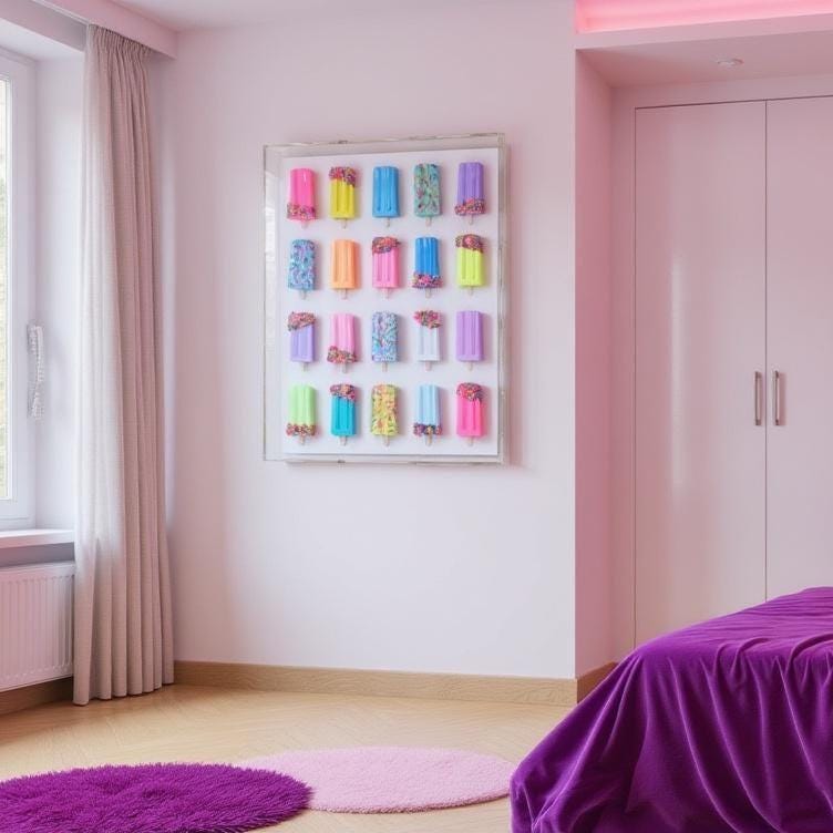 Bold, modern, and irresistibly playful — this 18×24×4 inch resin popsicle shadow box transforms a nostalgic treat into a striking piece of contemporary luxury art. Designed in the signature style of the original Etsy artist who pioneered this whimsical popsicle‑art aesthetic, this piece brings charm, color, and sophistication to any space.