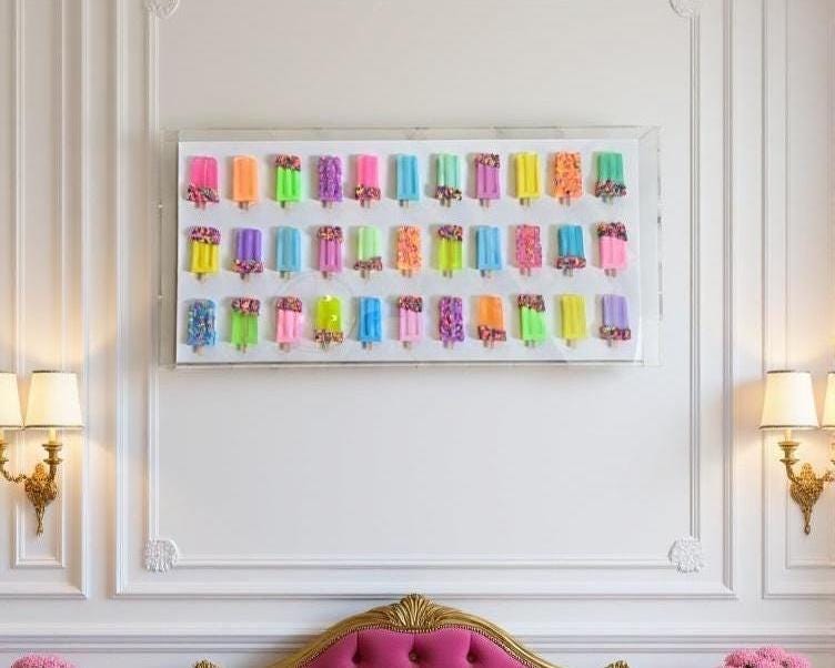 A handmade 3D pop art shadow box displaying a grid of brightly colored, sculpted popsicles. The pastel and neon ice pops feature realistic details like wooden sticks and colorful sprinkles, mounted on a crisp white background inside a thick, clear acrylic frame.