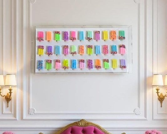 A handmade 3D pop art shadow box displaying a grid of brightly colored, sculpted popsicles. The pastel and neon ice pops feature realistic details like wooden sticks and colorful sprinkles, mounted on a crisp white background inside a thick, clear acrylic frame.