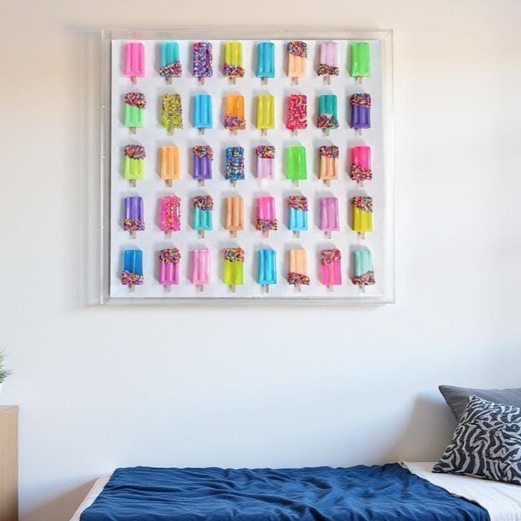 "Original handcrafted resin ice cream bar sculpture by Braheart Company, the primary creator on Etsy, featuring vibrant colors in a modern acrylic shadow box frame."
