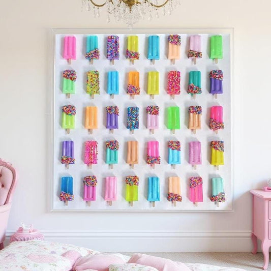"Original handcrafted resin ice cream bar sculpture by Braheart Company, the primary creator on Etsy, featuring vibrant colors in a modern acrylic shadow box frame."