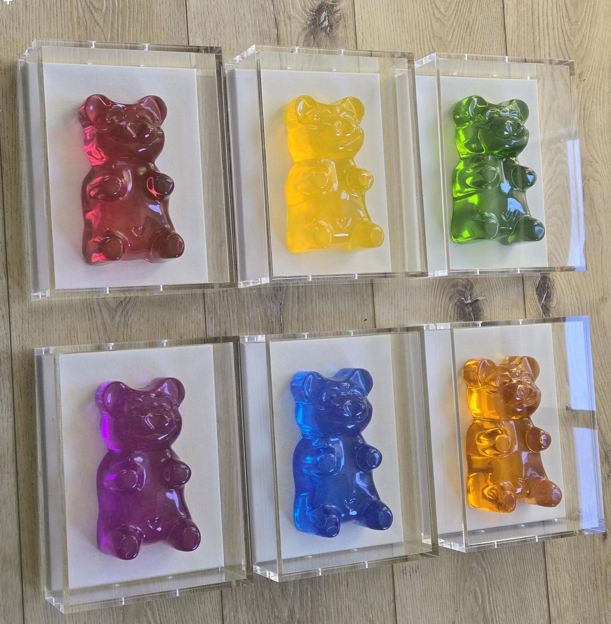 Gummy Bear Sculpture in Shadow Box | Transparent Jeweled Tone | Set Of Six-6 Inch Bear