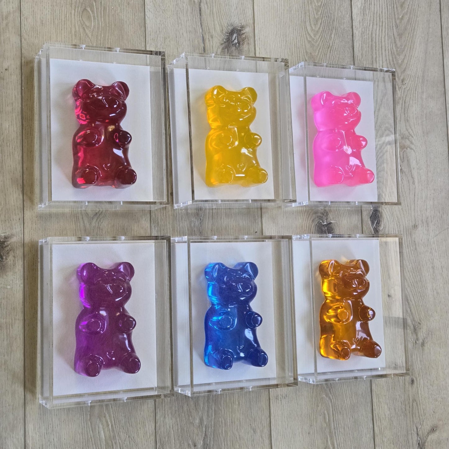 Gummy Bear Sculpture in Shadow Box | Transparent Jeweled Tone | Set Of Six-6 Inch Bear