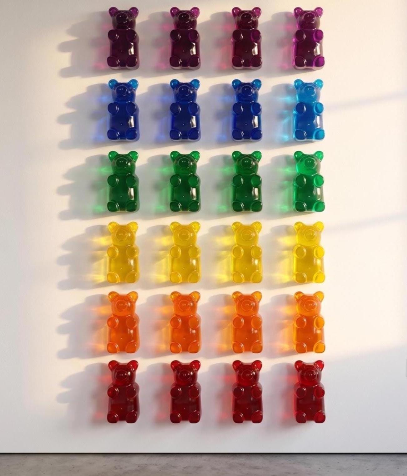 A professional art installation on a bright white wall featuring twenty-four 7-inch translucent gummy bear sculptures