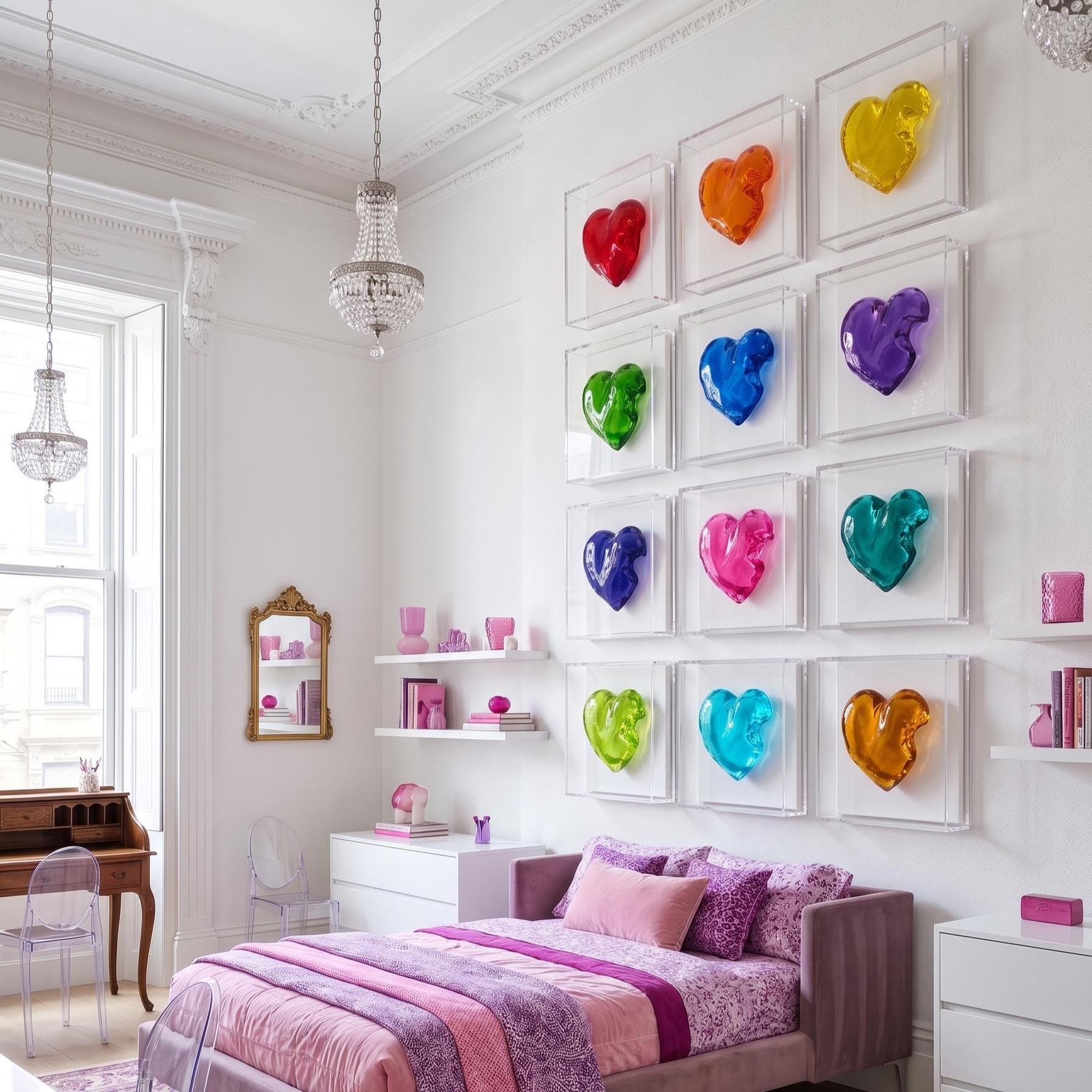 3D Heart Sculpture - Hand-Poured Resin Pop Art - Framed Acrylic Wall Hanging - Whimsical Modern Gallery Decor, designed by Cyreen Brahe this is a AI generated  picture with my art to give you a visual not the actual  size each box is 8x6x3 inch