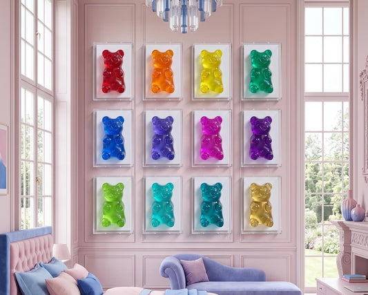 This is an AI generated picture to show what it will look like on a giant white wall, colorful gummy bear sculptures, each encased in a clear acrylic box  each box is 8x6x3 inch . The bears are in various colors, including red, blue, green, pink, purple, yellow, orange, and turquoise, creating  your own vibrant display at home or office.