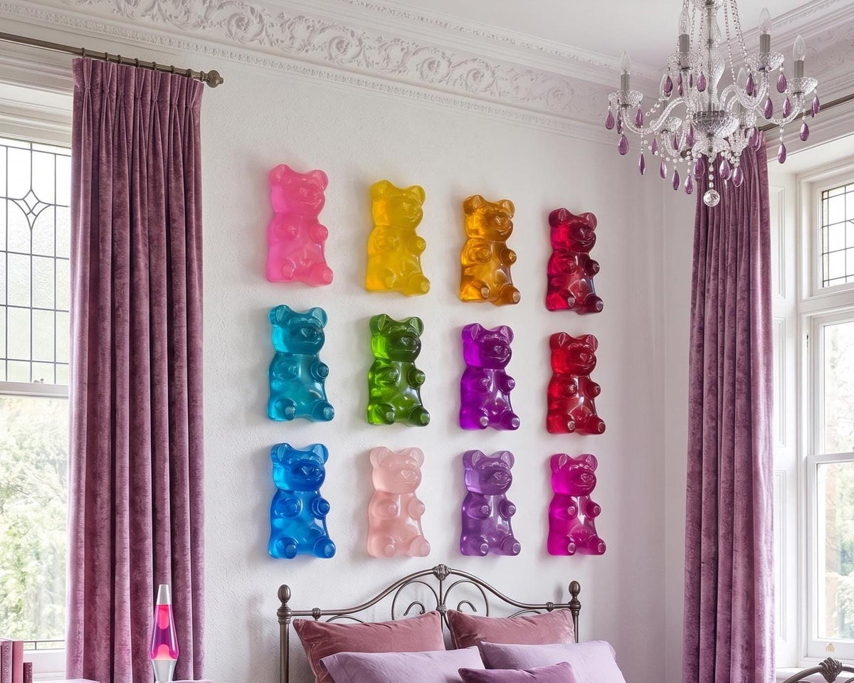 colorful gummy bear sculptures mounted on a white wall. The bears are in various colors, including pink, yellow, orange, red, blue, green, and purple. This is an AI generated picture to show how it will look on a white wall in a teenagers room ( each sculpture is 6 inches )
