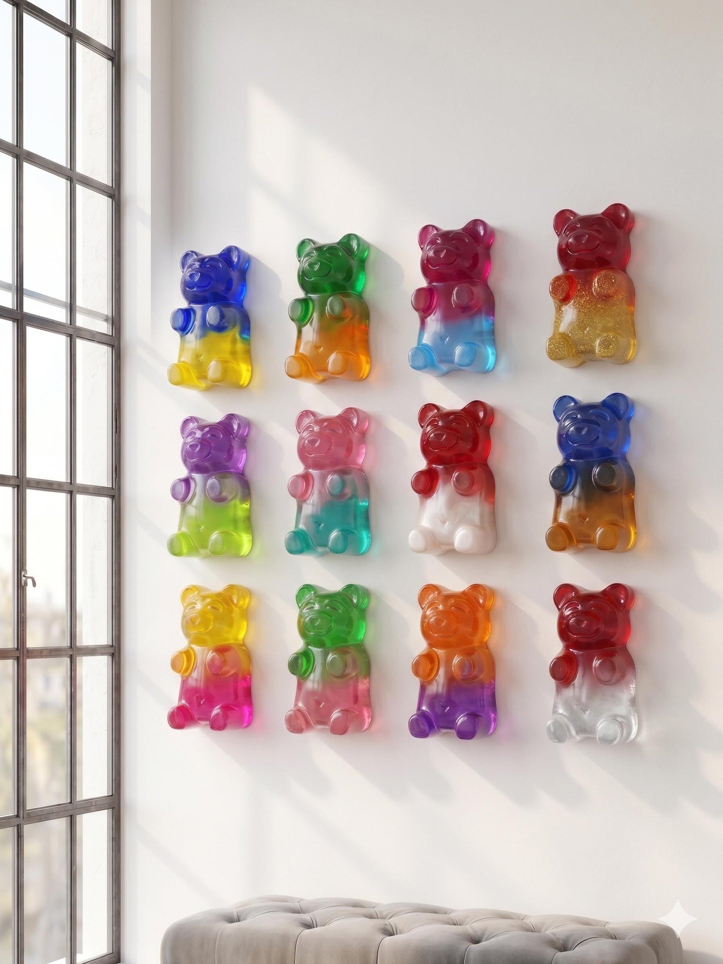 3D Pop Art Gummy Bears Wall Sculpture | Vibrant Rainbow Resin Candy Decor | Handmade Nursery & Kid's Room Wall Art | 6-Inch Bears