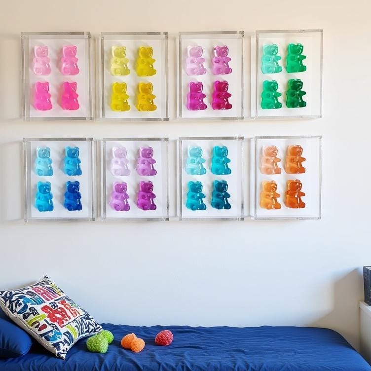 A radiant fusion of nostalgia and modern luxury, this jewel‑tone gummy bear sculpture is meticulously cast in premium resin and displayed within a museum‑grade, UV‑protected shadow box. Each bear glows with gemstone richness—deep sapphire, amethyst, ruby, citrine, or emerald tones—capturing light like a miniature piece of candy‑inspired fine art.
