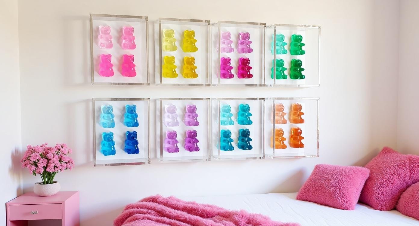 A radiant fusion of nostalgia and modern luxury, this jewel‑tone gummy bear sculpture is meticulously cast in premium resin and displayed within a museum‑grade, UV‑protected shadow box. Each bear glows with gemstone richness—deep sapphire, amethyst, ruby, citrine, or emerald tones—capturing light like a miniature piece of candy‑inspired fine art.