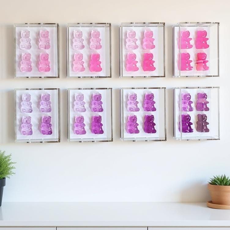 A radiant fusion of nostalgia and modern luxury, this jewel‑tone gummy bear sculpture is meticulously cast in premium resin and displayed within a museum‑grade, UV‑protected shadow box. Each bear glows with gemstone richness—deep sapphire, amethyst, ruby, citrine, or emerald tones—capturing light like a miniature piece of candy‑inspired fine art.
