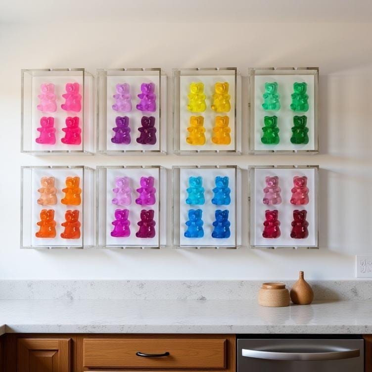 A radiant fusion of nostalgia and modern luxury, this jewel‑tone gummy bear sculpture is meticulously cast in premium resin and displayed within a museum‑grade, UV‑protected shadow box. Each bear glows with gemstone richness—deep sapphire, amethyst, ruby, citrine, or emerald tones—capturing light like a miniature piece of candy‑inspired fine art.