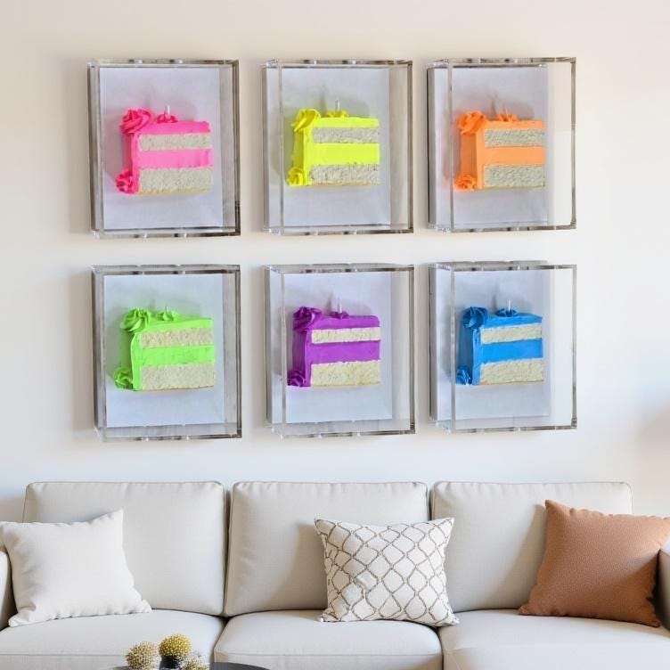 Cake Slice Wall Art: Handmade Vibrant Pop Art 3D theme for a Modern Aesthetic With High Contrast Colors. each piece is handmade and looks different . The luxury shadow box is custom made and the art piece is gallery quality.