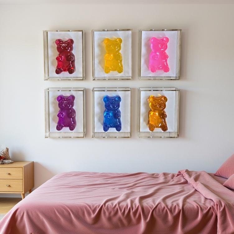 Gummy Bear Sculpture in Shadow Box | Transparent Jeweled Tone | Set Of Six-6 Inch Bear
