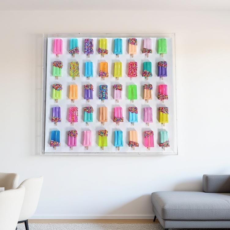 "Original handcrafted resin ice cream bar sculpture by Braheart Company, the primary creator on Etsy, featuring vibrant colors in a modern acrylic shadow box frame."