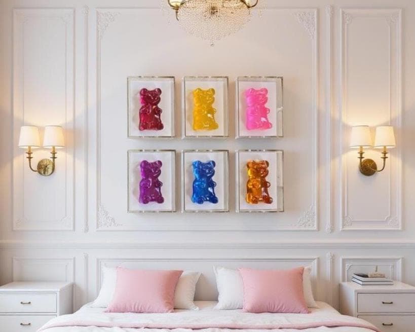 A striking 6‑inch pink resin gummy bear sits at the heart of this 8×6×3 inch shadow box, transforming a playful icon into a piece of modern luxury art. Hand‑cast in glossy resin and framed in a clean, museum‑style box, this piece blends whimsy with sophistication.