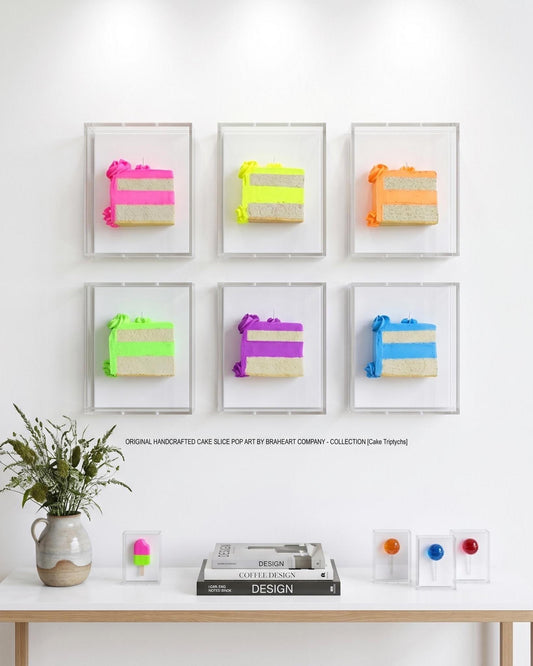 3D Cake Slice Shadow Box Art – Vibrant Neon Whimsical Kitchen Decor, Wall Installation 8x6x3 inch