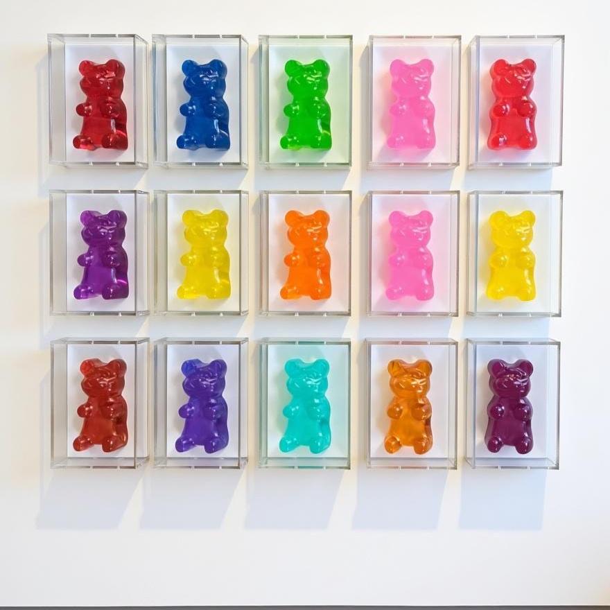 colorful gummy bear sculptures, each encased in a clear acrylic box. The bears are in various colors, including red, blue, green, pink, purple, yellow, orange, and turquoise, creating a vibrant display.