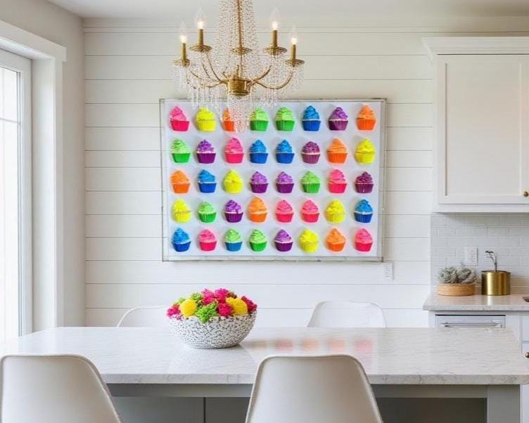 3D Cupcake Shadow Box Art – Vibrant Kitchen Decor, 24 Piece Dessert Display, Customize Luxury Visual Decor.