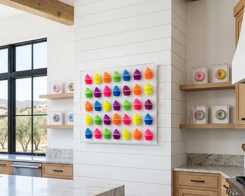 3D Cupcake Shadow Box Art – Vibrant Kitchen Decor, 24 Piece Dessert Display, Customize Luxury Visual Decor.