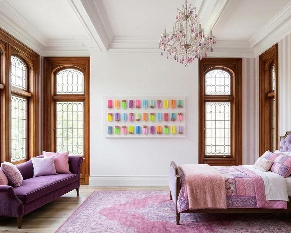 A handmade 3D pop art shadow box displaying a grid of brightly colored, sculpted popsicles. The pastel and neon ice pops feature realistic details like wooden sticks and colorful sprinkles, mounted on a crisp white background inside a thick, clear acrylic frame.