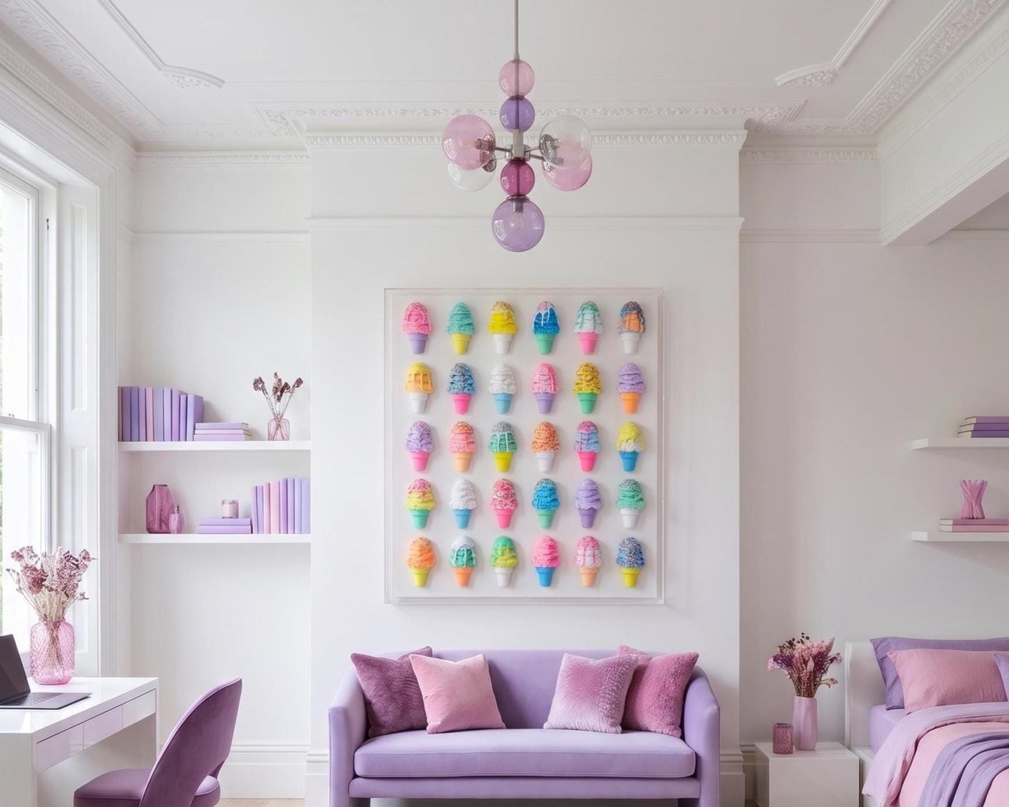 "A vibrant 3D pop art wall sculpture in a clear acrylic shadow box, featuring a grid of 30 colorful, realistic sculpted ice cream cones with sprinkles and drips on a white background." handmade design