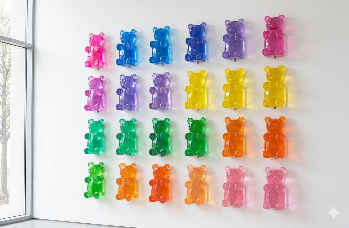 A professional art installation on a bright white wall featuring twenty-four 7-inch translucent gummy bear sculptures
