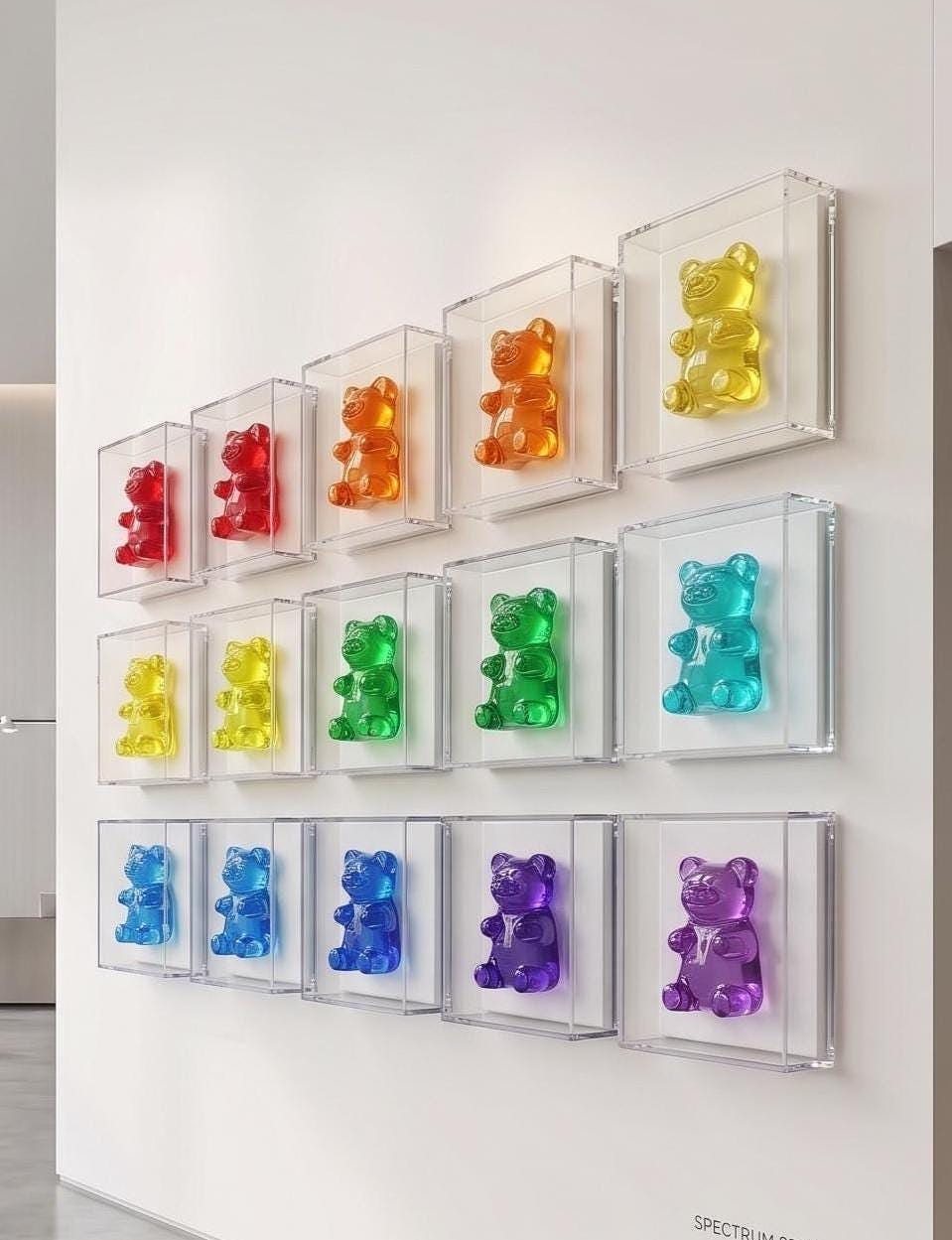 This is an AI generated picture to show what it will look like on a giant white wall, colorful gummy bear sculptures, each encased in a clear acrylic box  each box is 8x6x3 inch . The bears are in various colors, including red, blue, green, pink, purple, yellow, orange, and turquoise, creating  your own vibrant display at home or office.