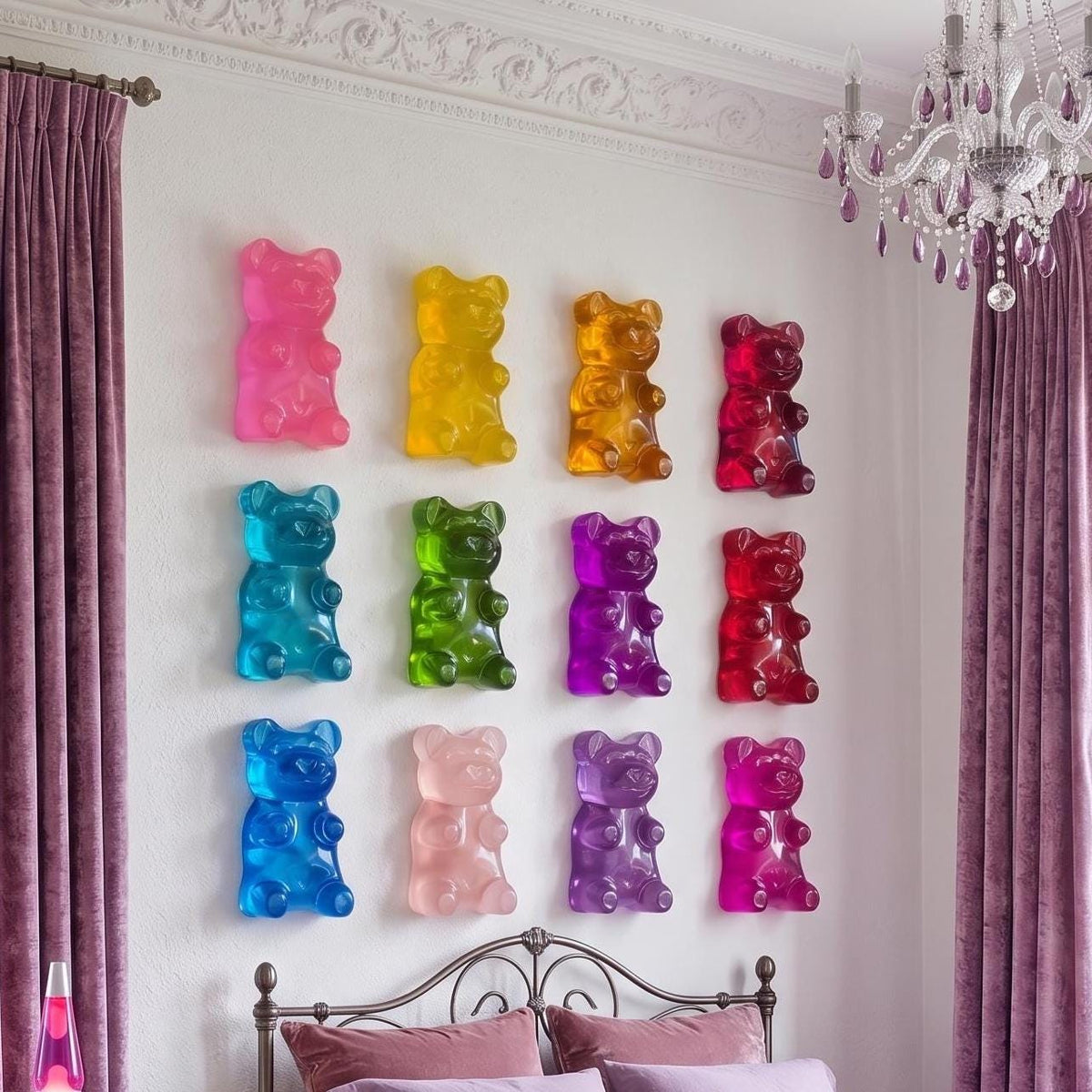 colorful gummy bear sculptures mounted on a white wall. The bears are in various colors, including pink, yellow, orange, red, blue, green, and purple. This is an AI generated picture to show how it will look on a white wall in a teenagers room ( each sculpture is 6 inches )
