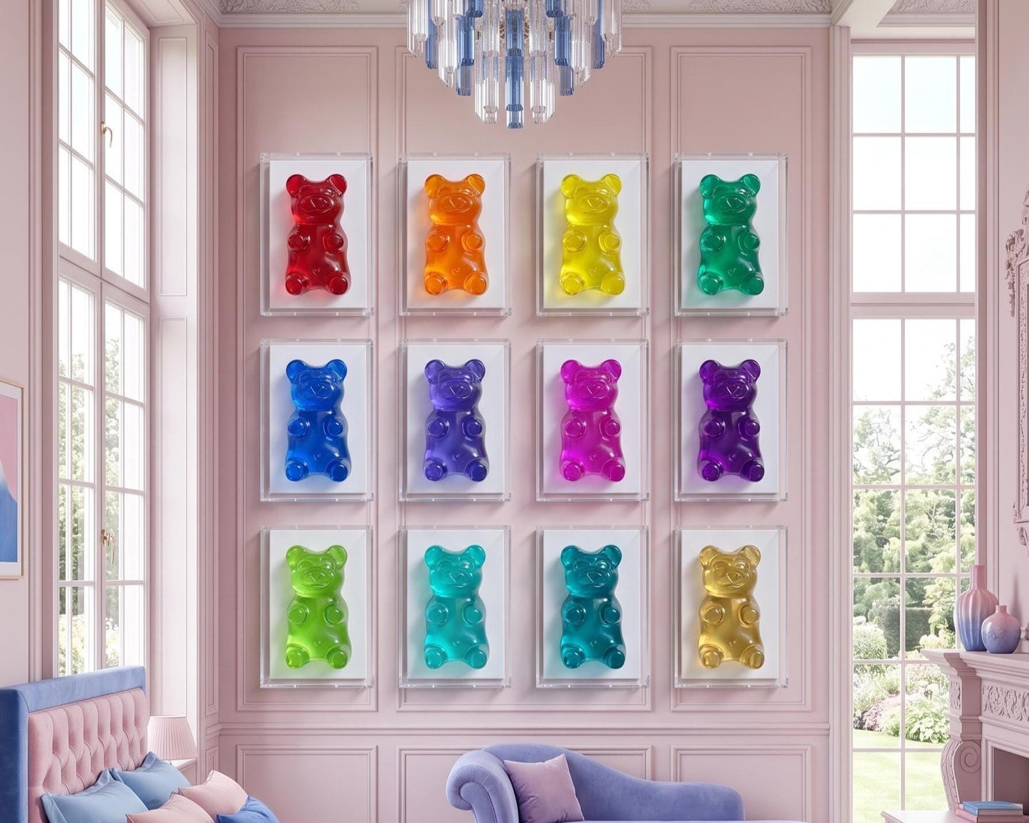 colorful gummy bear sculptures mounted on a white wall. The bears are in various colors, including pink, yellow, orange, red, blue, green, and purple. This is an AI generated picture to show how it will look on a pink wall in a teenagers room, the pictures are my real aer work.