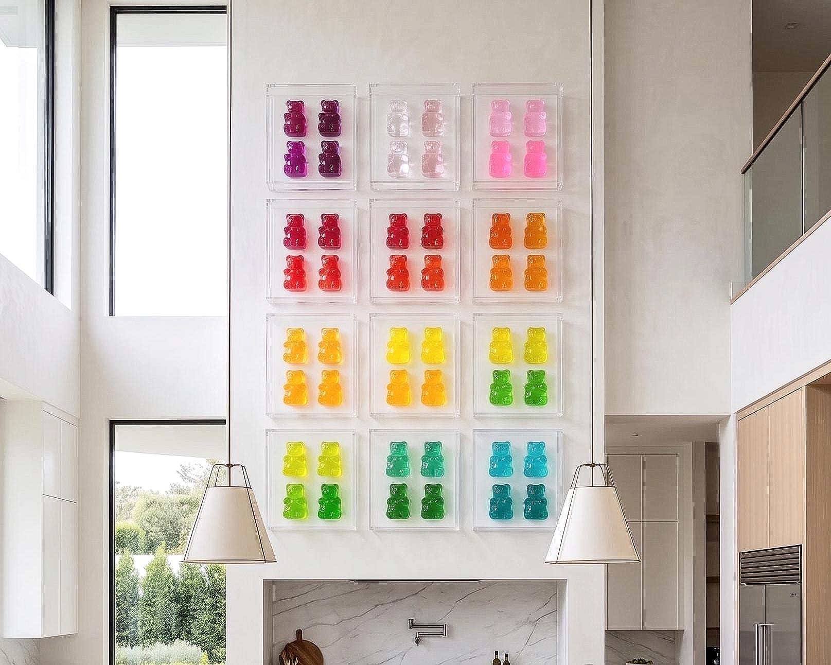 colorful gummy bear sculptures mounted on a white wall. The bears are in various colors, including pink, yellow, orange, red, blue, green, and purple. This is an AI generated picture to show how it will look on a pink wall in a teenagers room, the pictures are my real aer work.