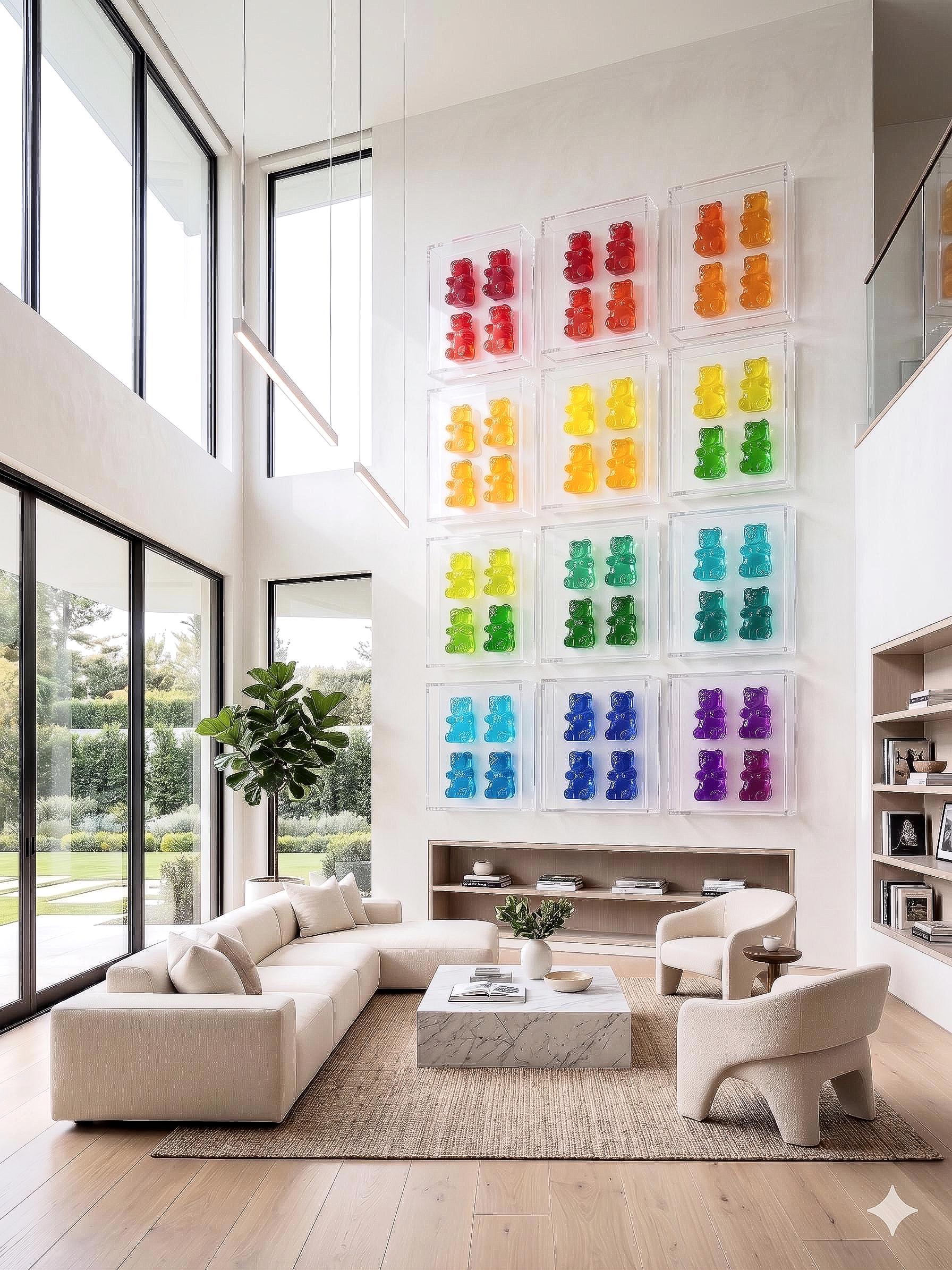 colorful gummy bear sculptures mounted on a white wall. The bears are in various colors, including pink, yellow, orange, red, blue, green, and purple. This is an AI generated picture to show how it will look on a pink wall in a teenagers room, the pictures are my real aer work.