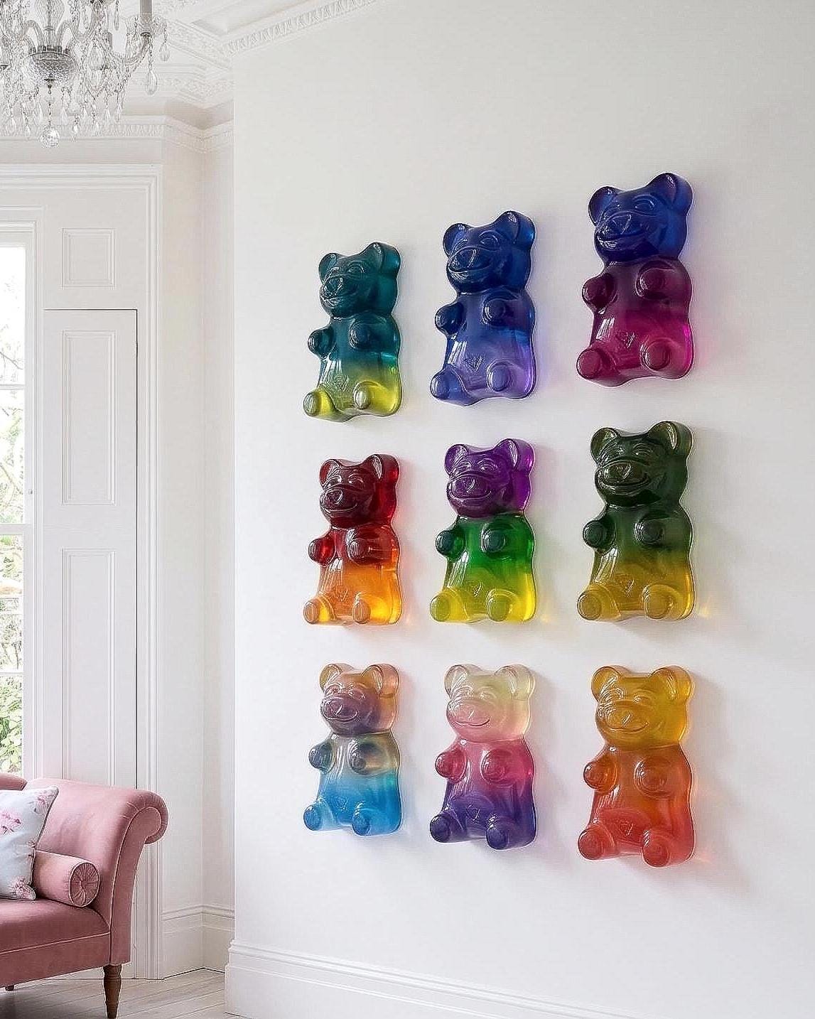 3D Pop Art Gummy Bears Wall Sculpture | Vibrant Rainbow Resin Candy Decor | Handmade Nursery & Kid's Room Wall Art | 6-Inch Bears