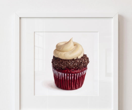 Red Velvet Cupcake Fine Art Print | Sweet Dessert Pop Art | Kitchen & Bakery Wall Decor | Realistic Food Illustration