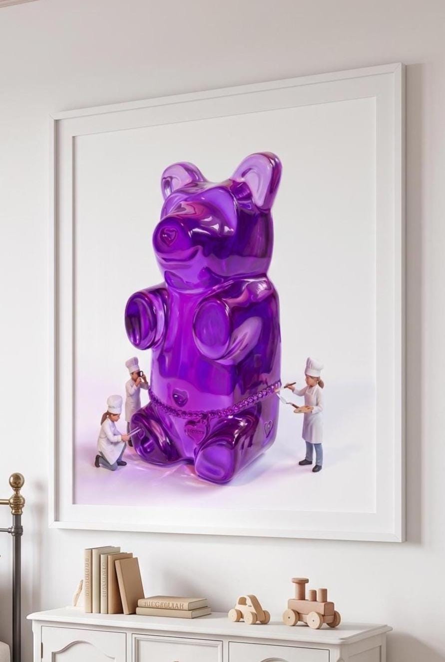 Gummy Bear Pop Art Print | Contemporary Candy Wall Decor | Miniature Chef Wall Decor | Fine Art Print | Colorful Hip Aesthetic Room Art