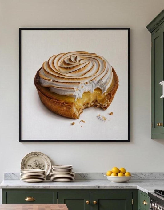 Lemon Meringue Tart Art Print | Realistic Dessert Oil Painting Style | Kitchen Wall Decor | Bakery Poster | Foodie Gift