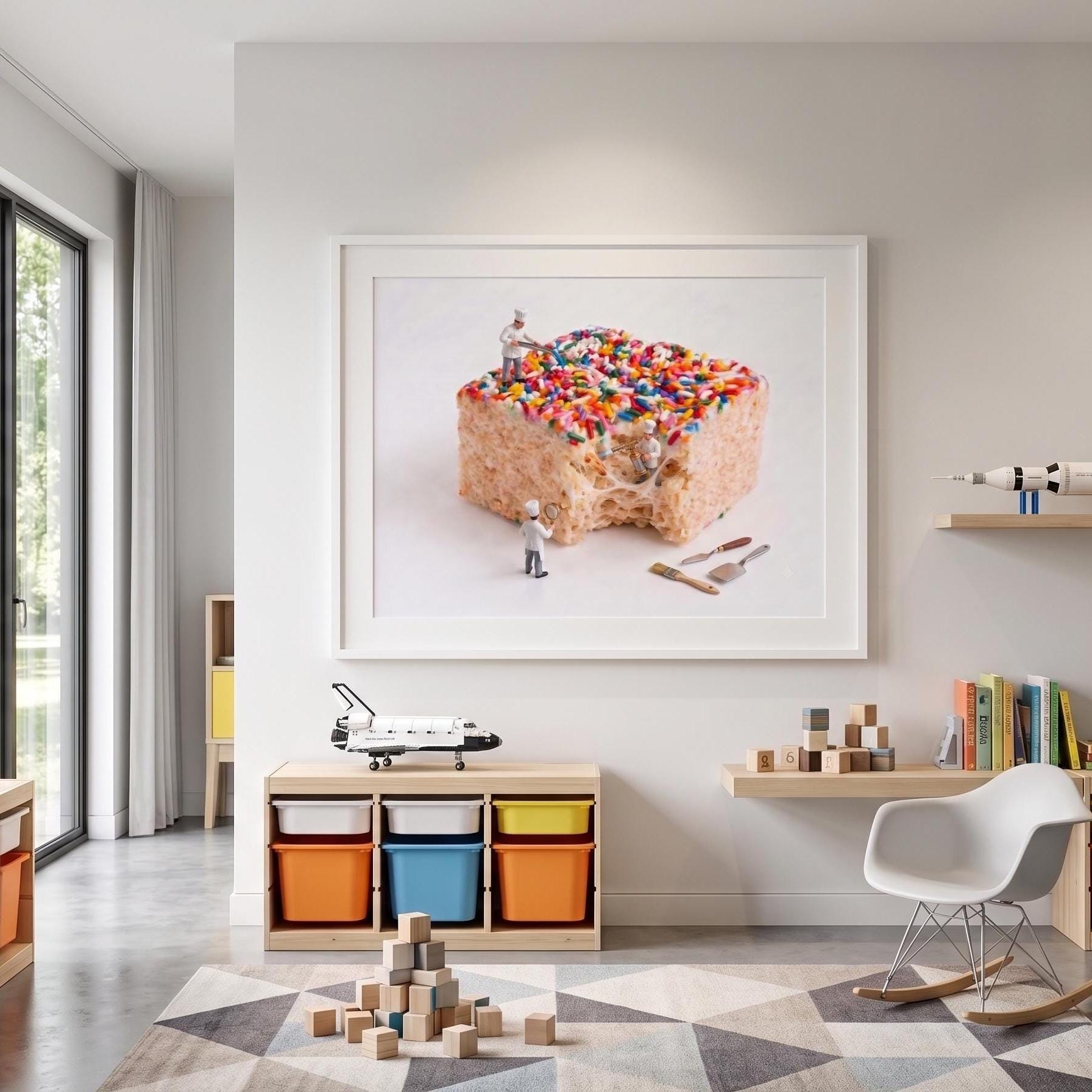Miniature Chef Art Print - Rice Krispie Treat Pop Art - Funny Kitchen Wall Decor - Tiny People Macro Food Photography - Dessert Poster